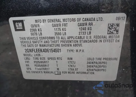 2013 Chevrolet Equinox Lt из США, поврежденный, VIN 2GNFLEEK4D6154501